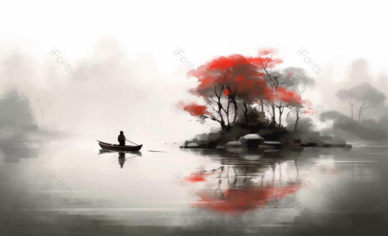 中国风国风新中式彩色水墨山水画平静的湖面小船上站着的人远处山峰云雾背景插画,插画/手绘图,插画/手绘图库,插画/手绘图下载,插画/手绘
